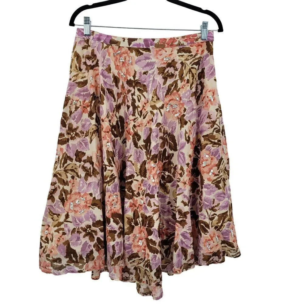 Y2K Floral Midi Skirt 8 Cotton Pink Brown Asymmetrical Sequin Details Boho India